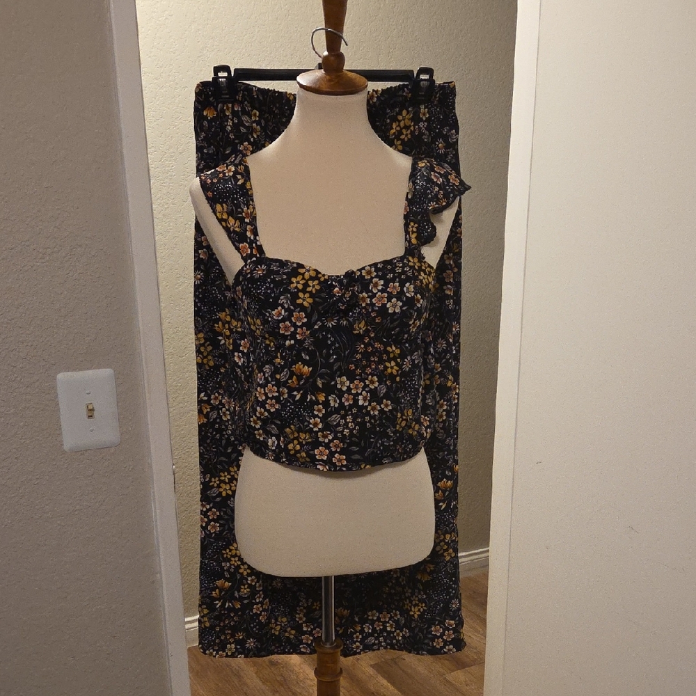 Floral Black & Yellow Midi Skirt Set - Women